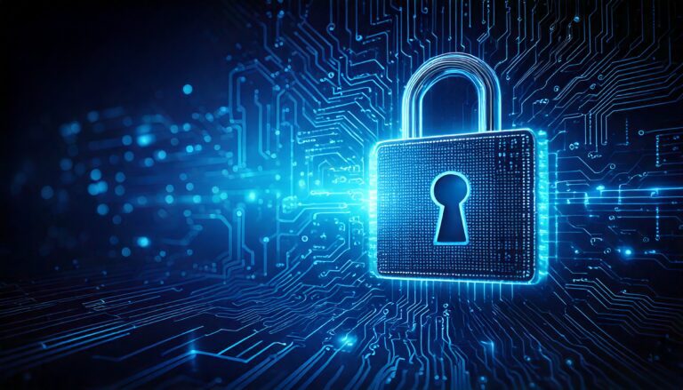 A DIGITAL SQUARE KEY AND LOCK ON ONE SIDE OF THE SCREEN, A DIGITAL CYBER BACKGROUND.