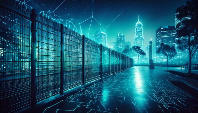 Firefly security fence surrounding building with a cyber digital background abstract